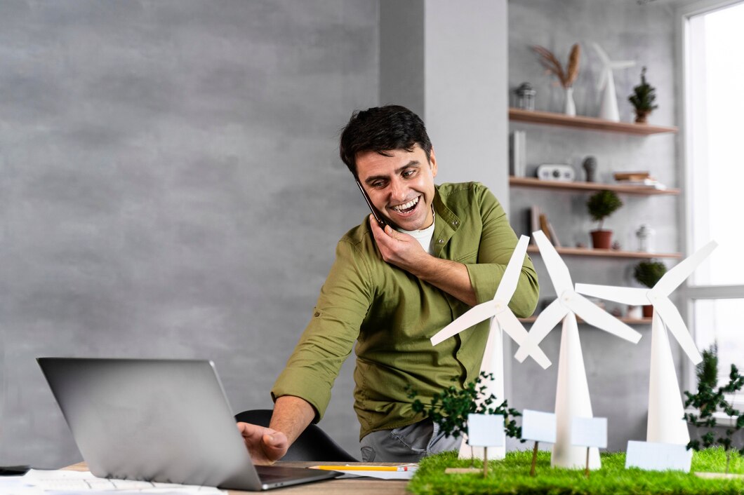 hombre sonriente que trabaja proyecto energia eolica ecologico mientras habla telefono usa computadora portatil 23 2148847770